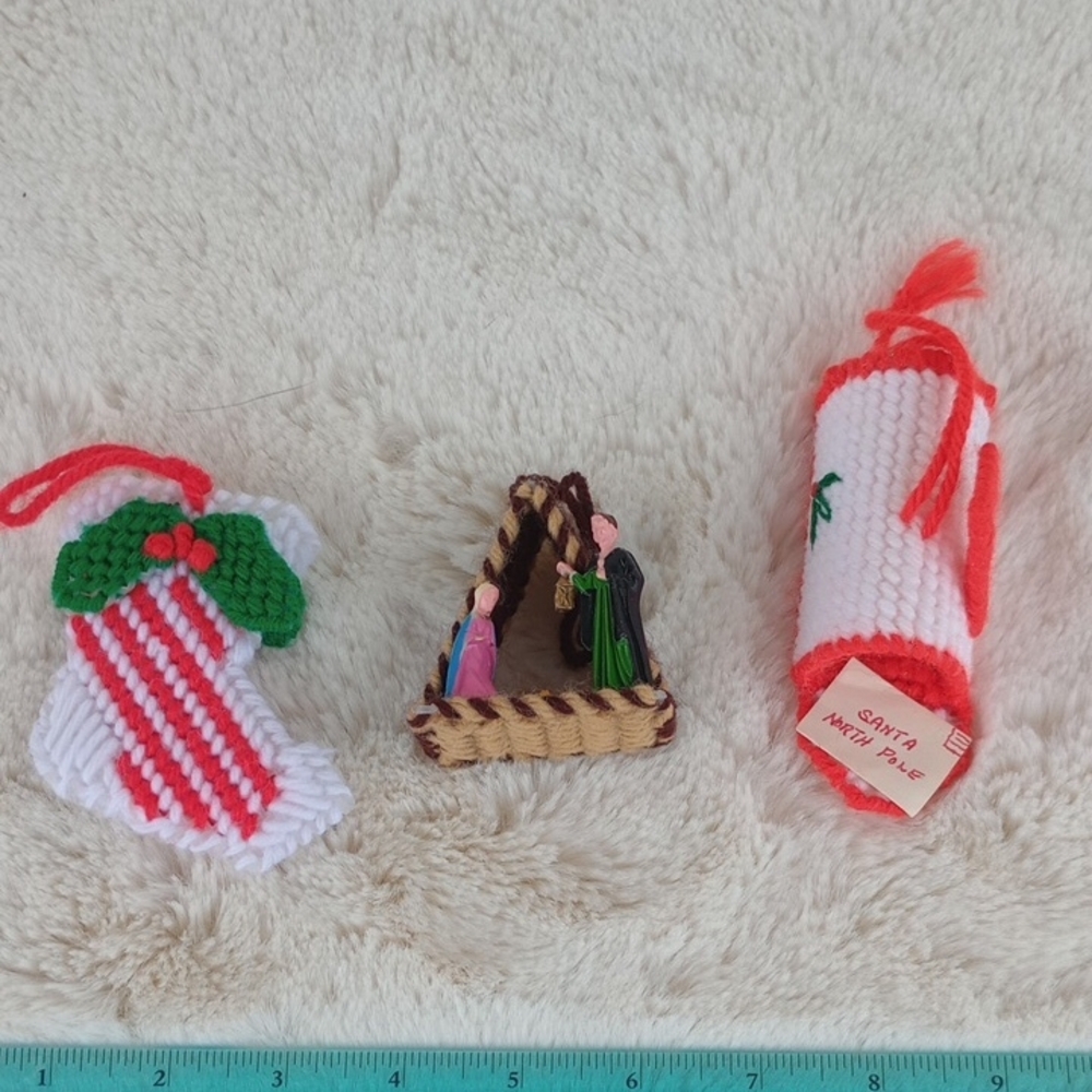 Holiday Ornament Trio with Red and White Stocking
